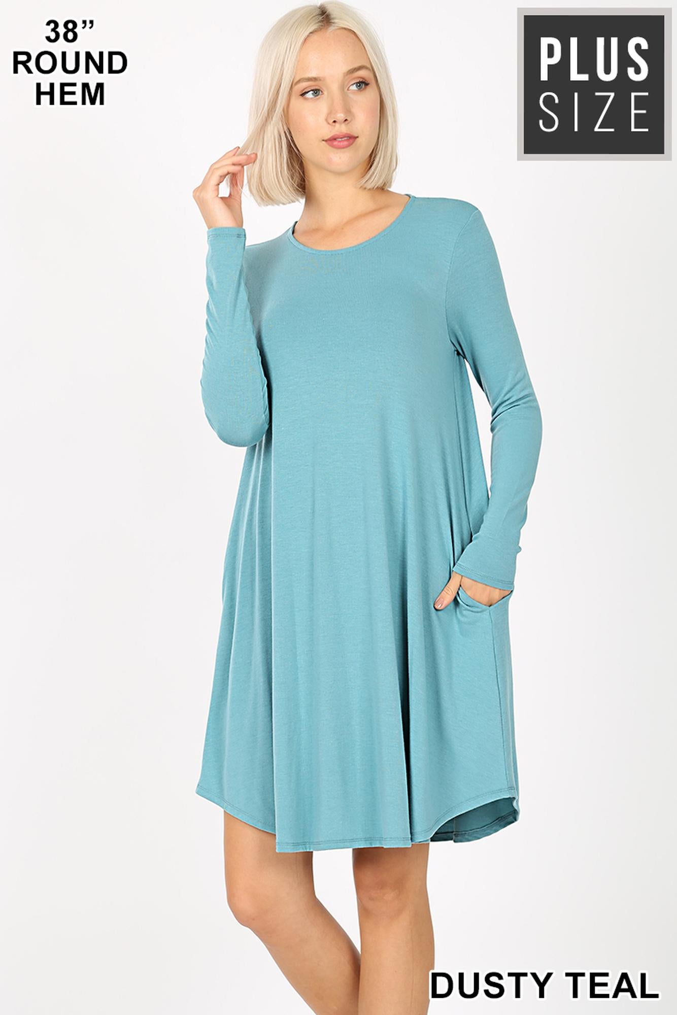 Wholesale Premium Long Sleeve A-Line Round Hem Plus Size Rayon Tunic with Pockets