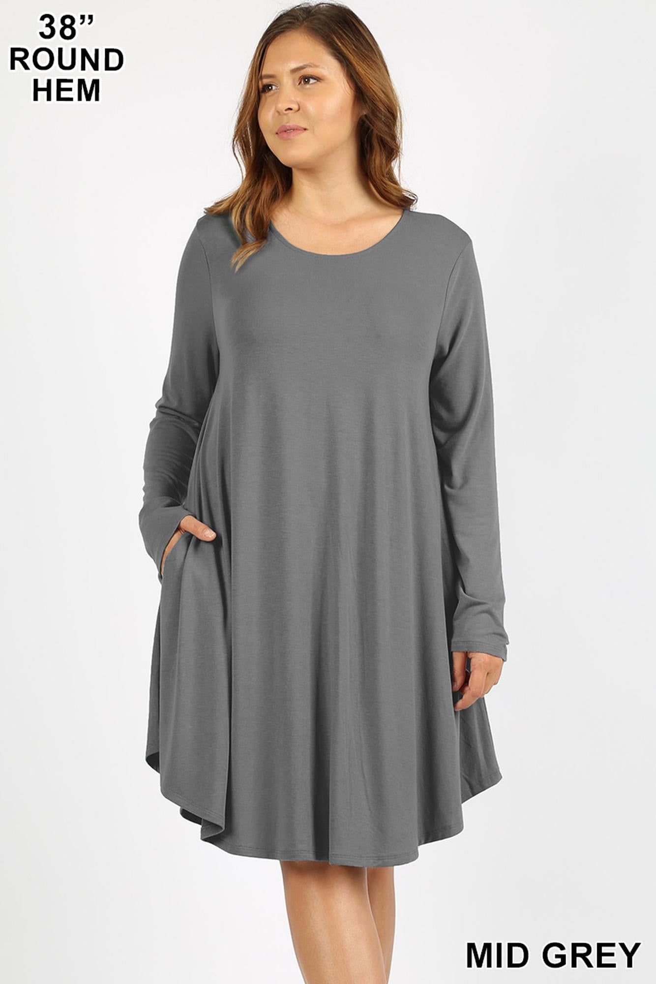 Wholesale Premium Long Sleeve A-Line Round Hem Plus Size Rayon Tunic with Pockets