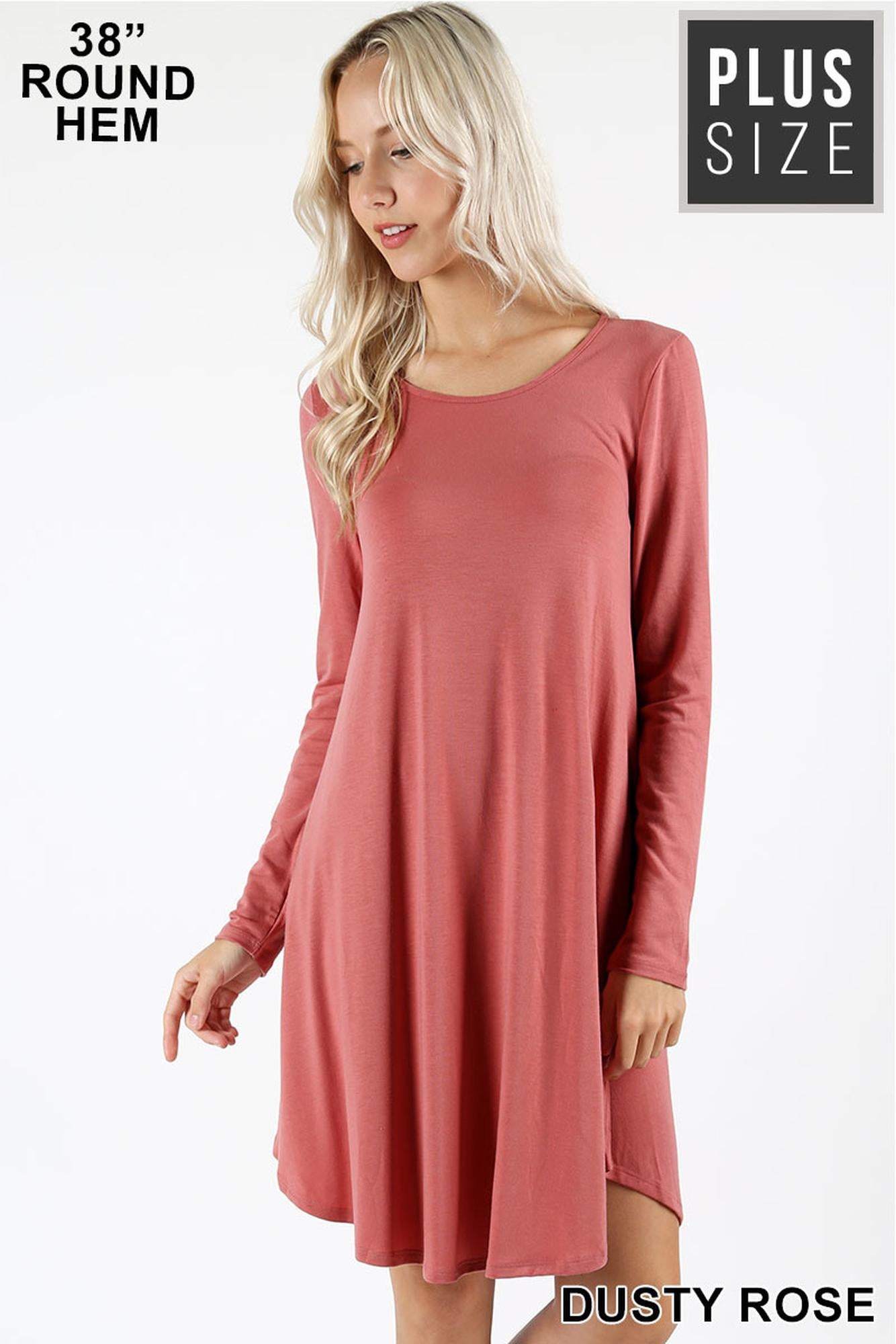 Wholesale Premium Long Sleeve A-Line Round Hem Plus Size Rayon Tunic with Pockets