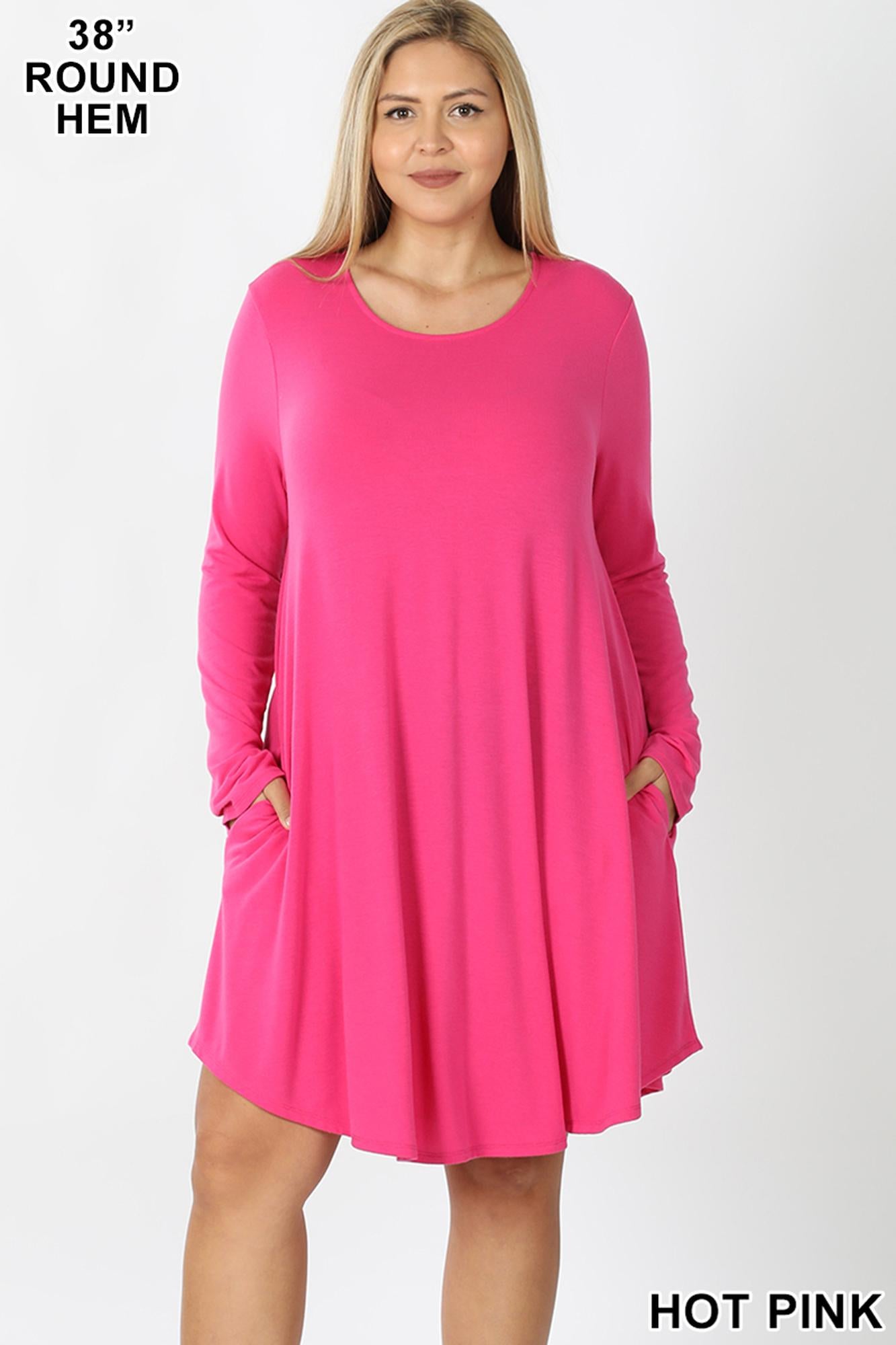 Wholesale Premium Long Sleeve A-Line Round Hem Plus Size Rayon Tunic with Pockets