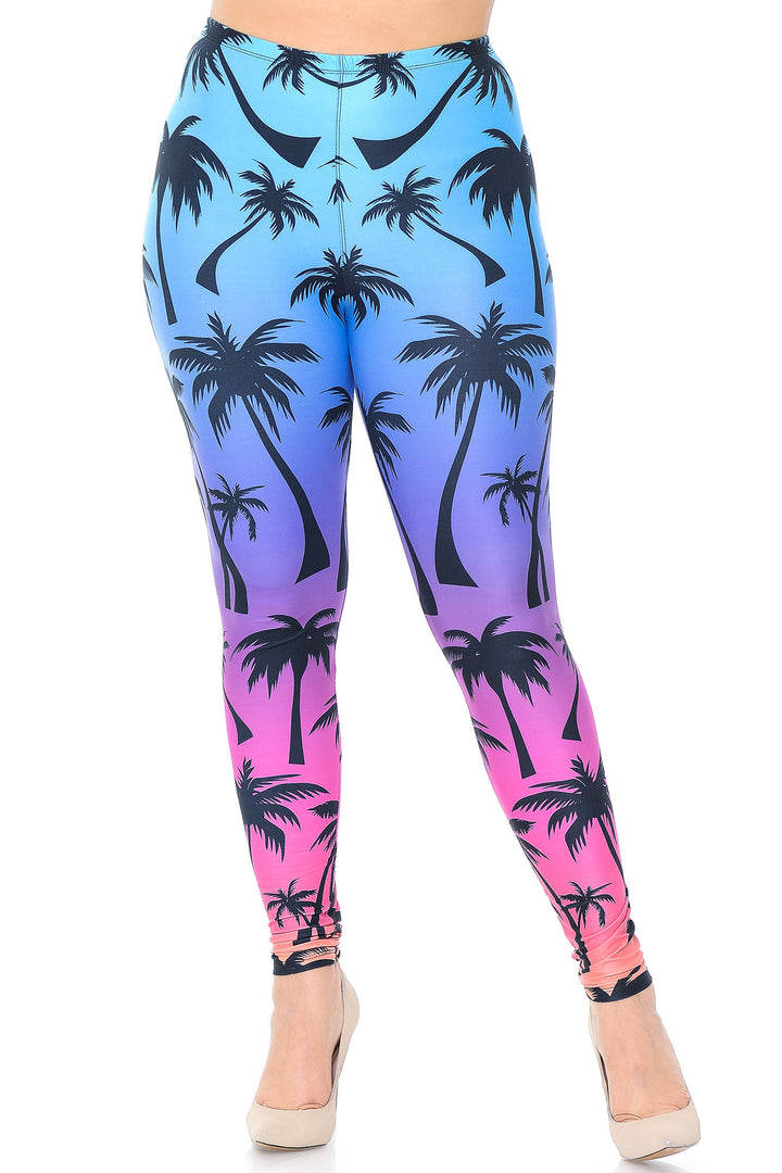 Wholesale Creamy Soft Ombre Palm Tree Plus Size Leggings - USA Fashion
