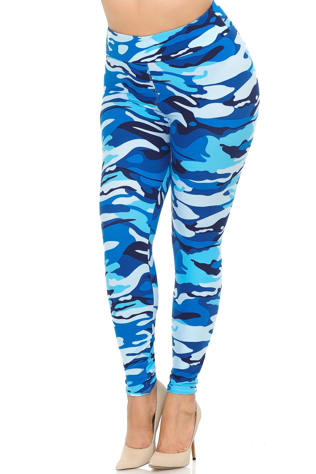 Wholesale Buttery Smooth Blue Camouflage High Waisted Plus Size Leggings - EEVEE