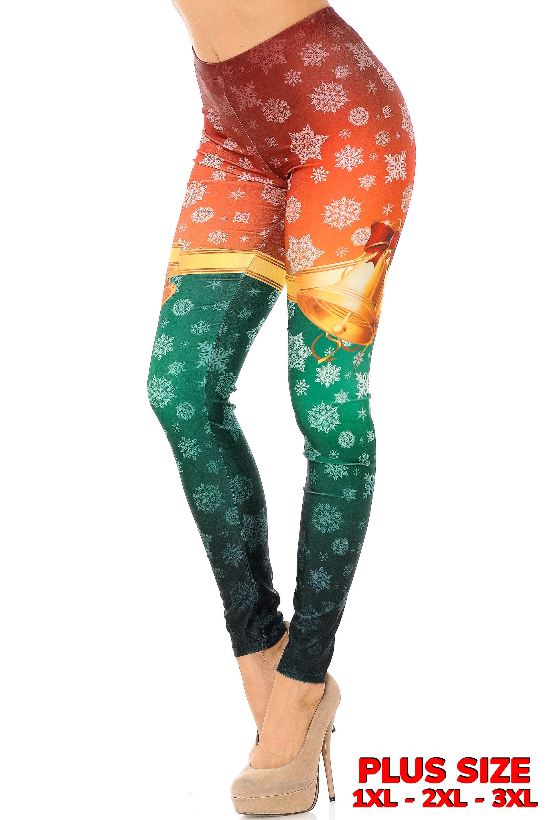 Wholesale Festive Red and Green Split Christmas Bells Plus Size Leggings