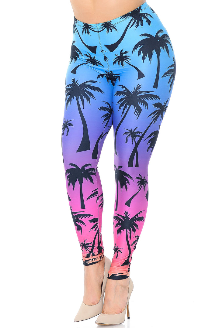 Wholesale Creamy Soft Ombre Palm Tree Plus Size Leggings - USA Fashion