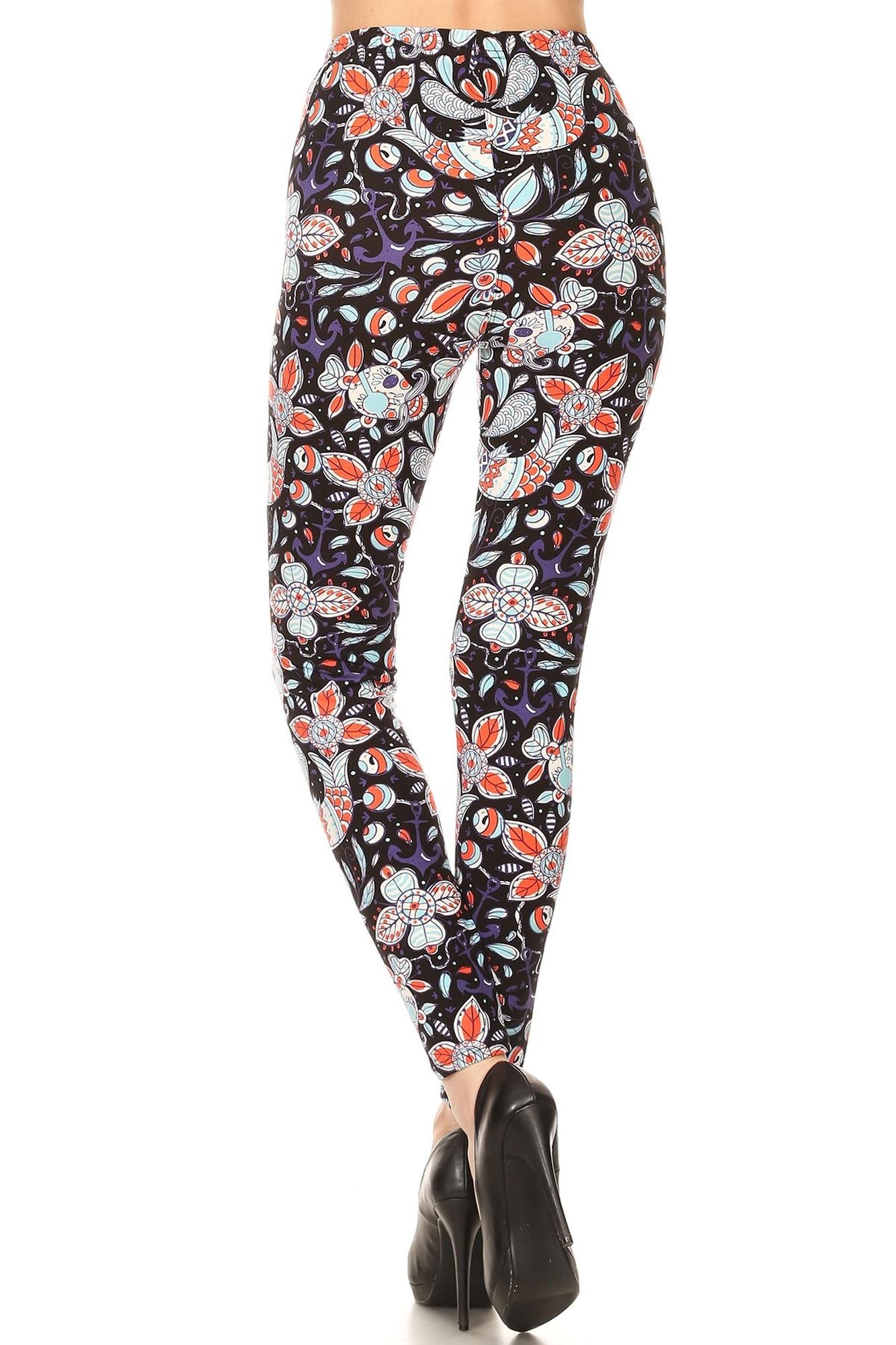 Wholesale Buttery Smooth Nautical Floral Skull Leggings