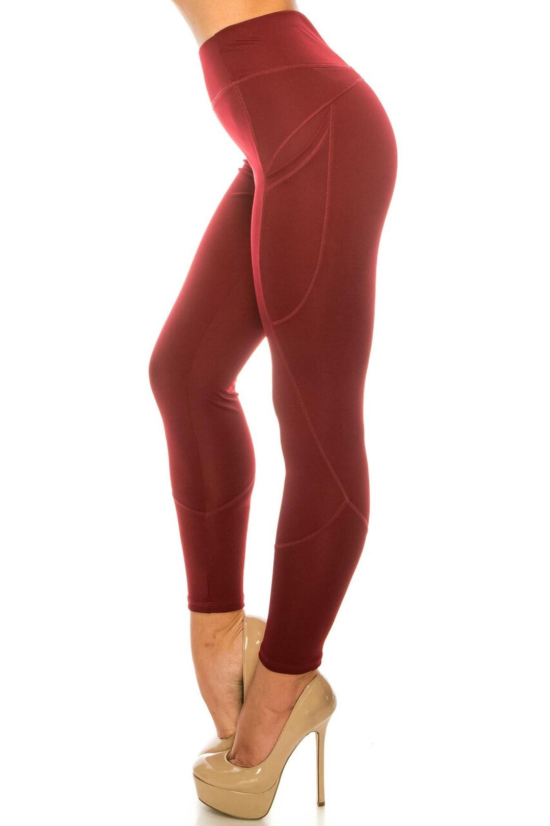 Wholesale Solid Burgundy Contour Seam High Waisted Sport Leggings with Pockets