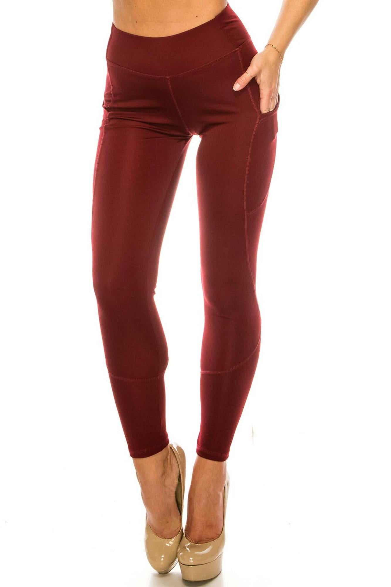Wholesale Solid Burgundy Contour Seam High Waisted Sport Leggings with Pockets