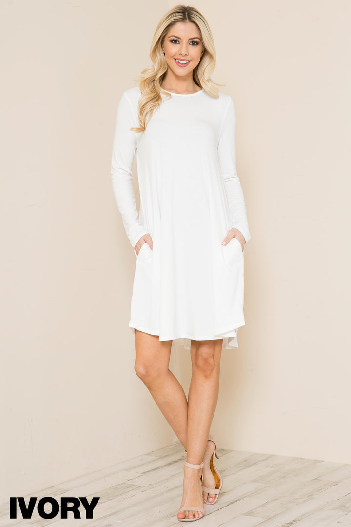 Wholesale Premium Long Sleeve A-Line Round Hem Rayon Tunic with Pockets
