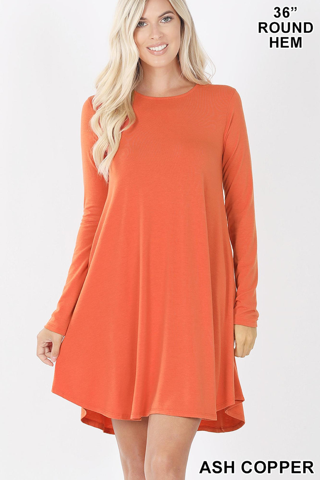 Wholesale Premium Long Sleeve A-Line Round Hem Rayon Tunic with Pockets