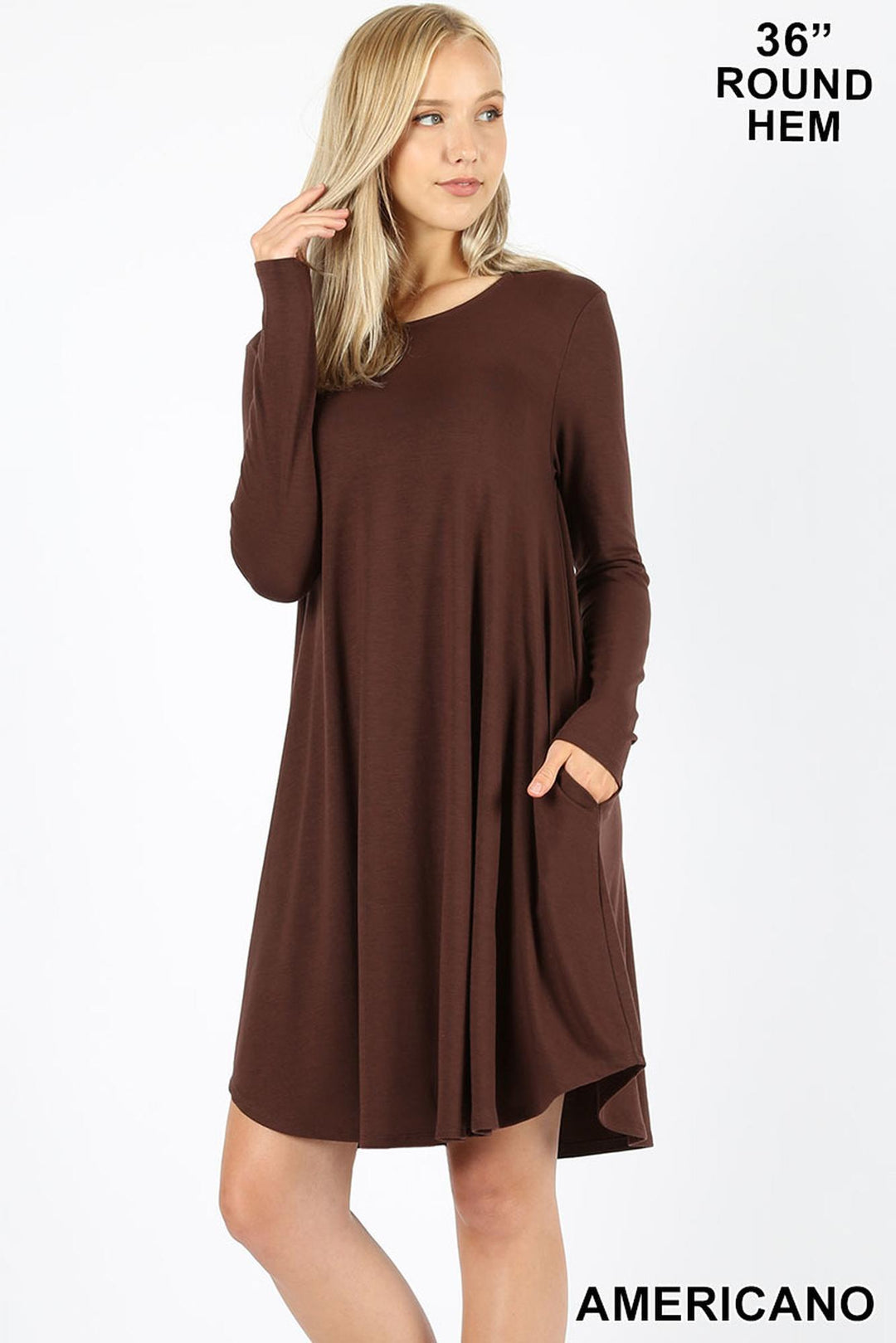 Wholesale Premium Long Sleeve A-Line Round Hem Rayon Tunic with Pockets