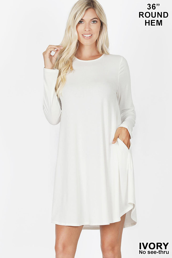 Wholesale Premium Long Sleeve A-Line Round Hem Rayon Tunic with Pockets