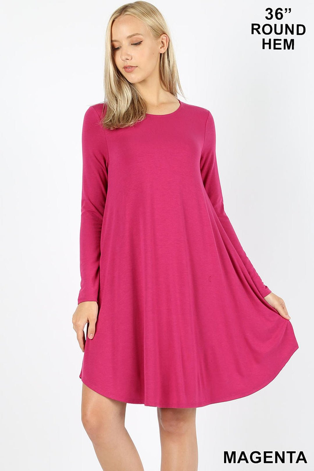 Wholesale Premium Long Sleeve A-Line Round Hem Rayon Tunic with Pockets