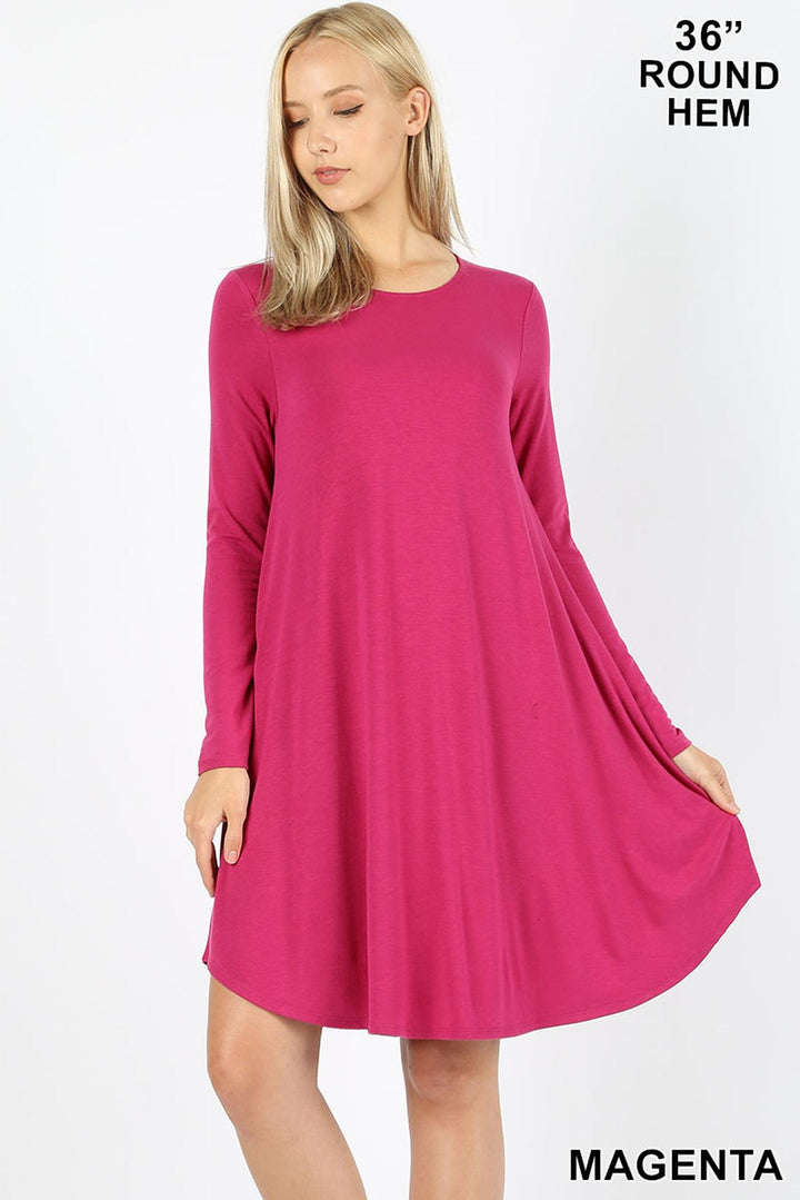 Wholesale Premium Long Sleeve A-Line Round Hem Rayon Tunic with Pockets
