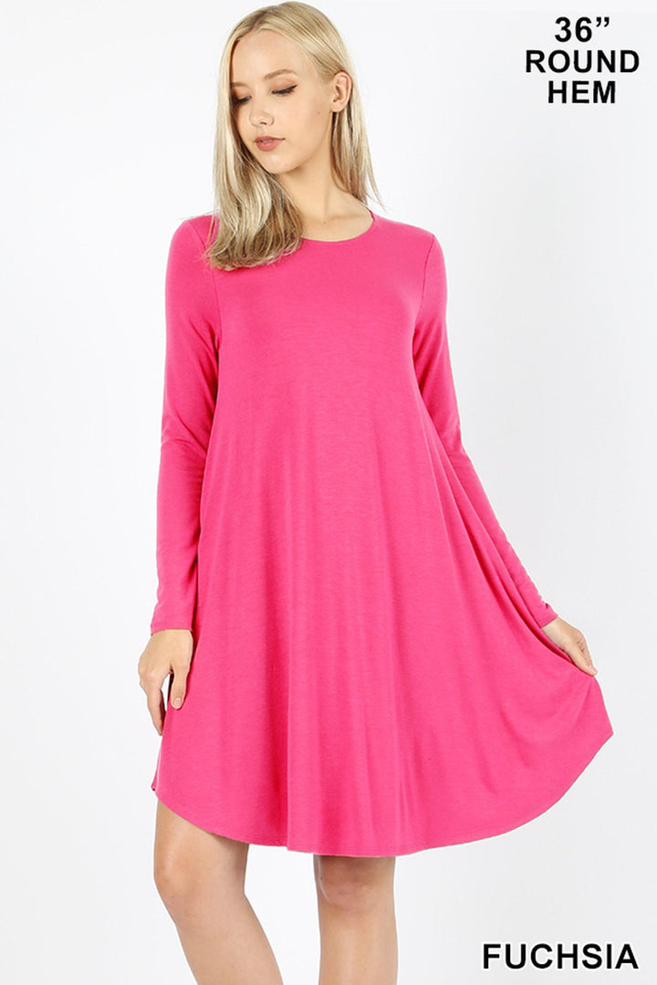Wholesale Premium Long Sleeve A-Line Round Hem Rayon Tunic with Pockets