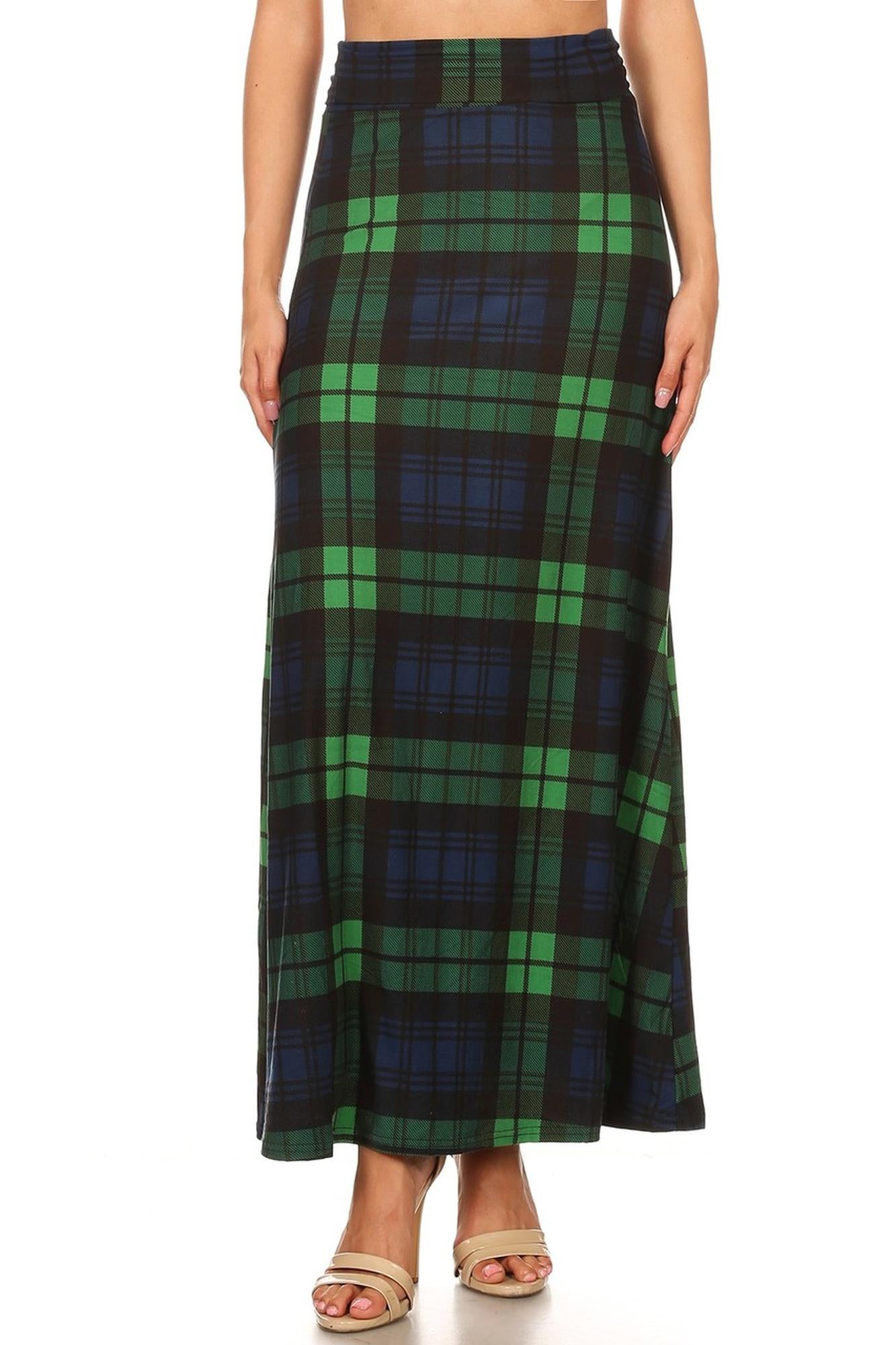 Wholesale Buttery Smooth Green Plaid Maxi Skirt