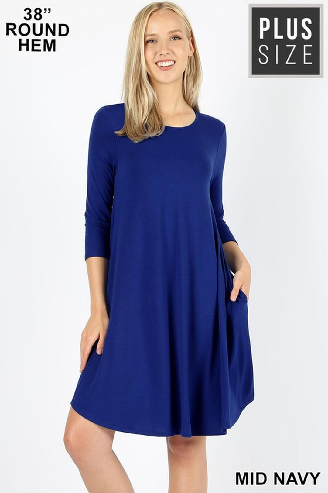 Wholesale 3/4 Sleeve Longline Round Hem Plus Size Rayon Tunic with Pockets