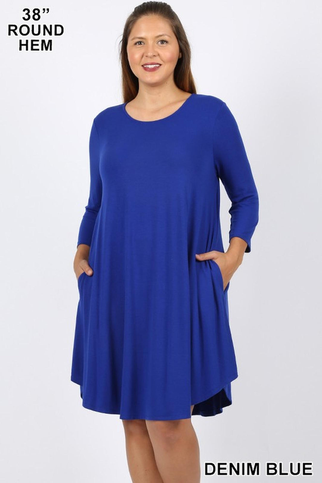 Wholesale 3/4 Sleeve Longline Round Hem Plus Size Rayon Tunic with Pockets