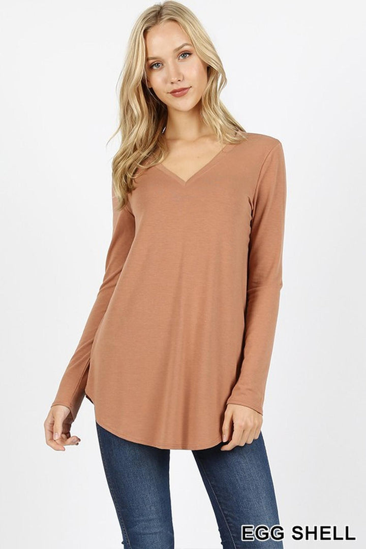 Wholesale Premium V-Neck Round Hem Long Sleeve Top