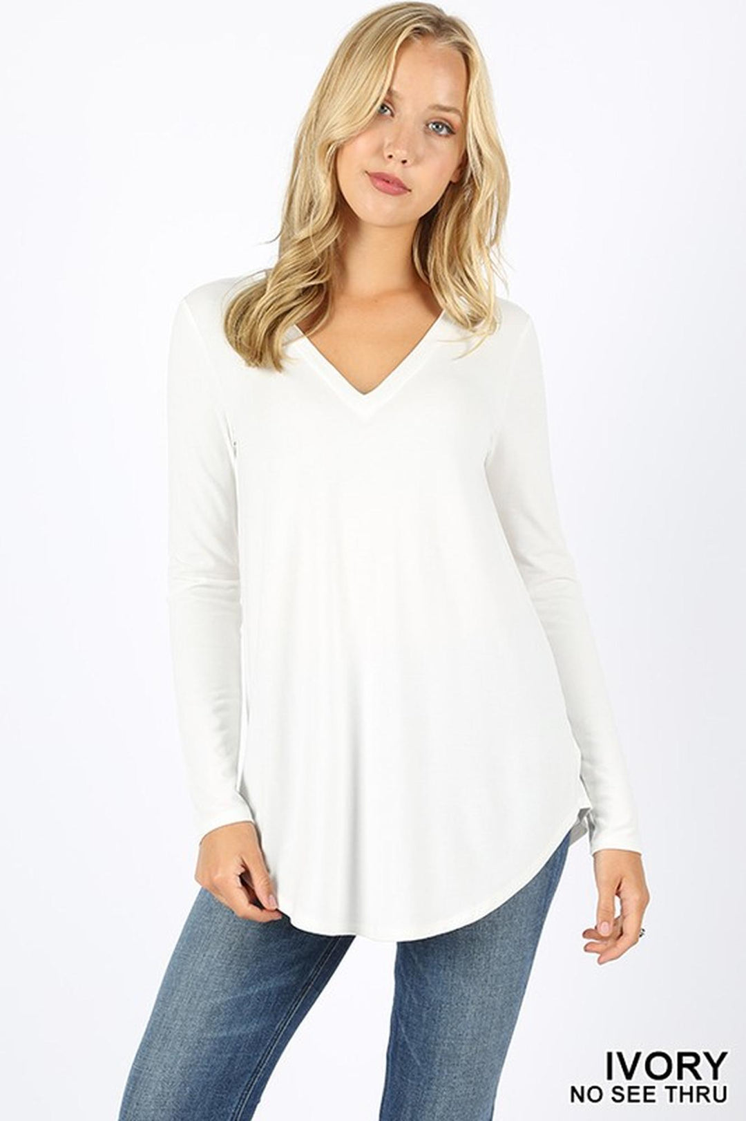 Wholesale Premium V-Neck Round Hem Long Sleeve Top