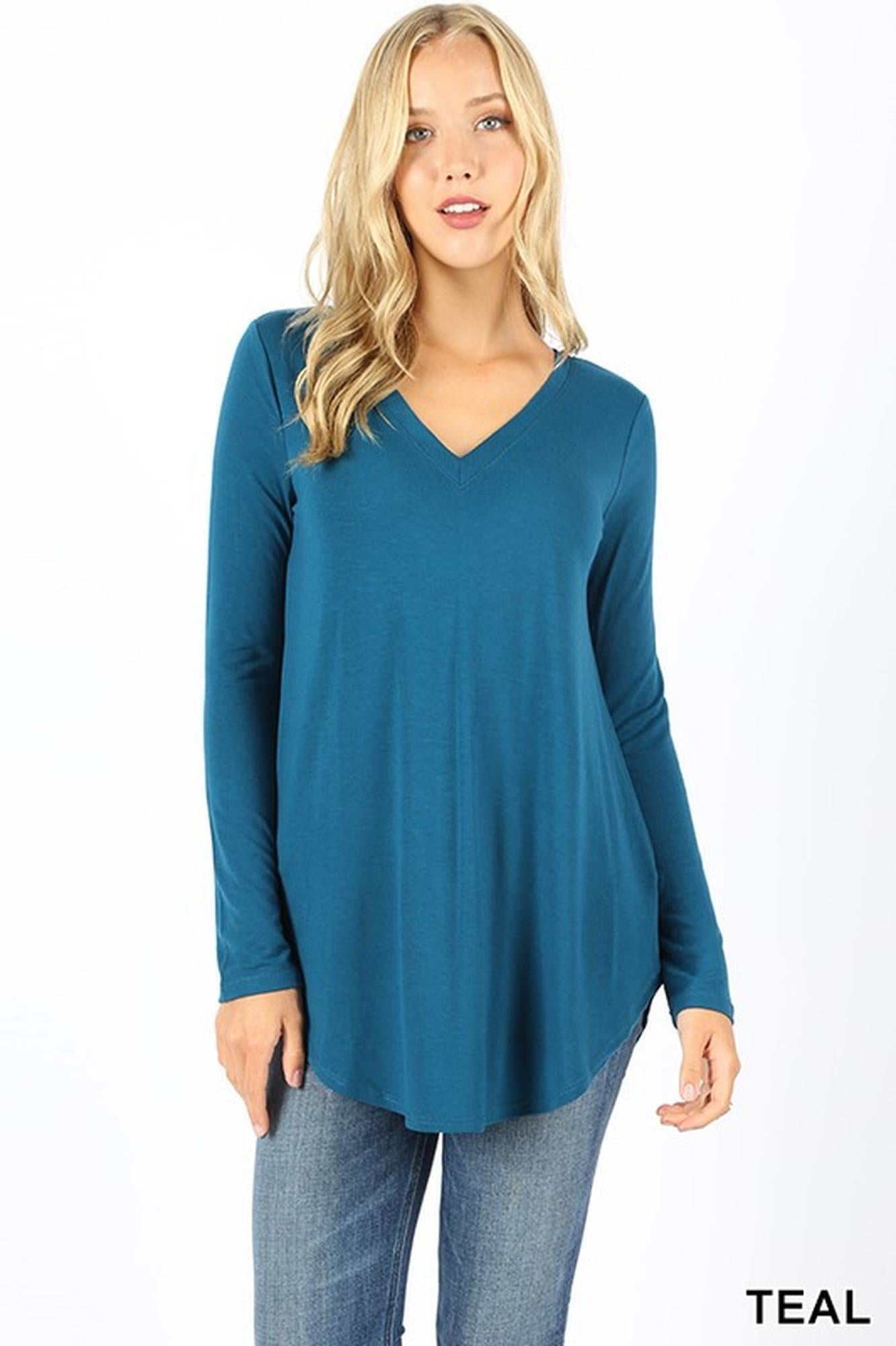 Wholesale Premium V-Neck Round Hem Long Sleeve Top
