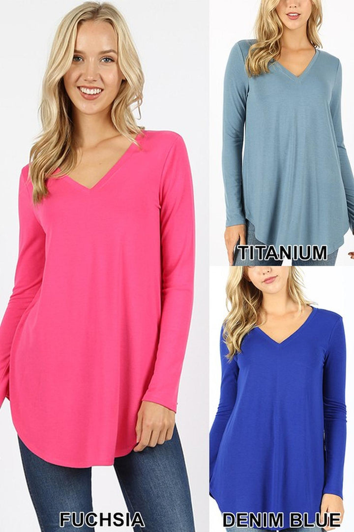 Wholesale Premium V-Neck Round Hem Long Sleeve Top