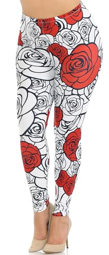 Wholesale Creamy Soft Red Stencil Roses Plus Size Leggings - USA Fashion