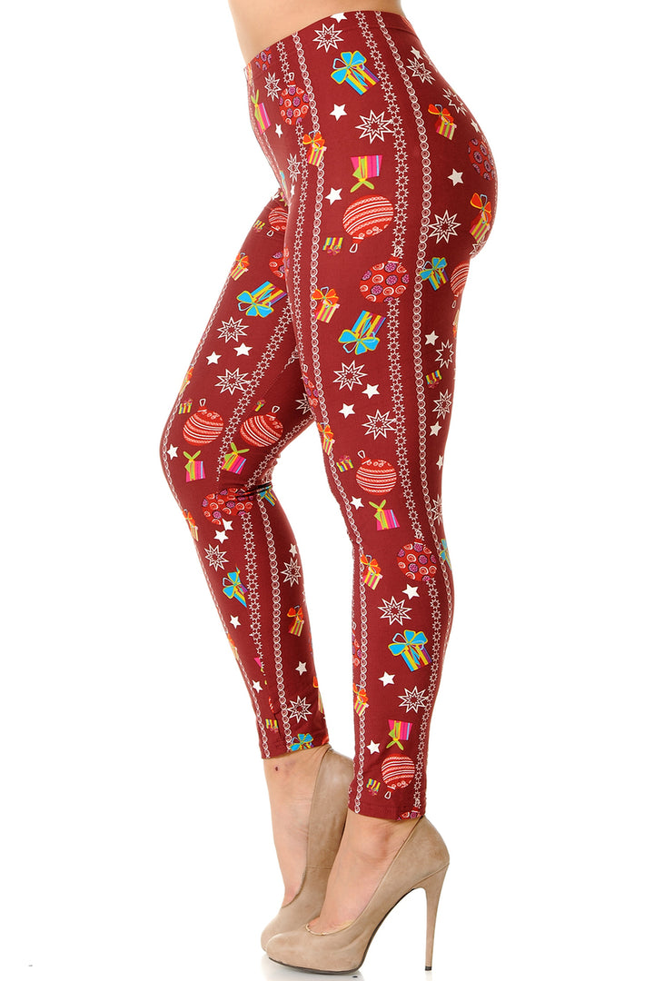 Wholesale Buttery Soft Burgundy Christmas Ornament Plus Size Leggings