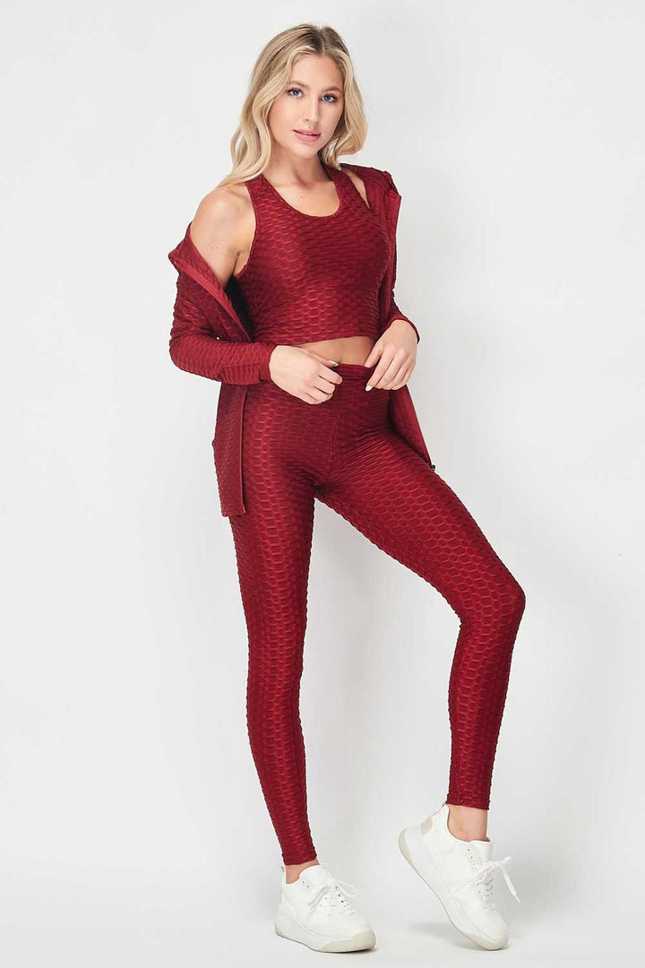 Wholesale 3 Piece Scrunch Butt Leggings Crop Top and Hoodie Set