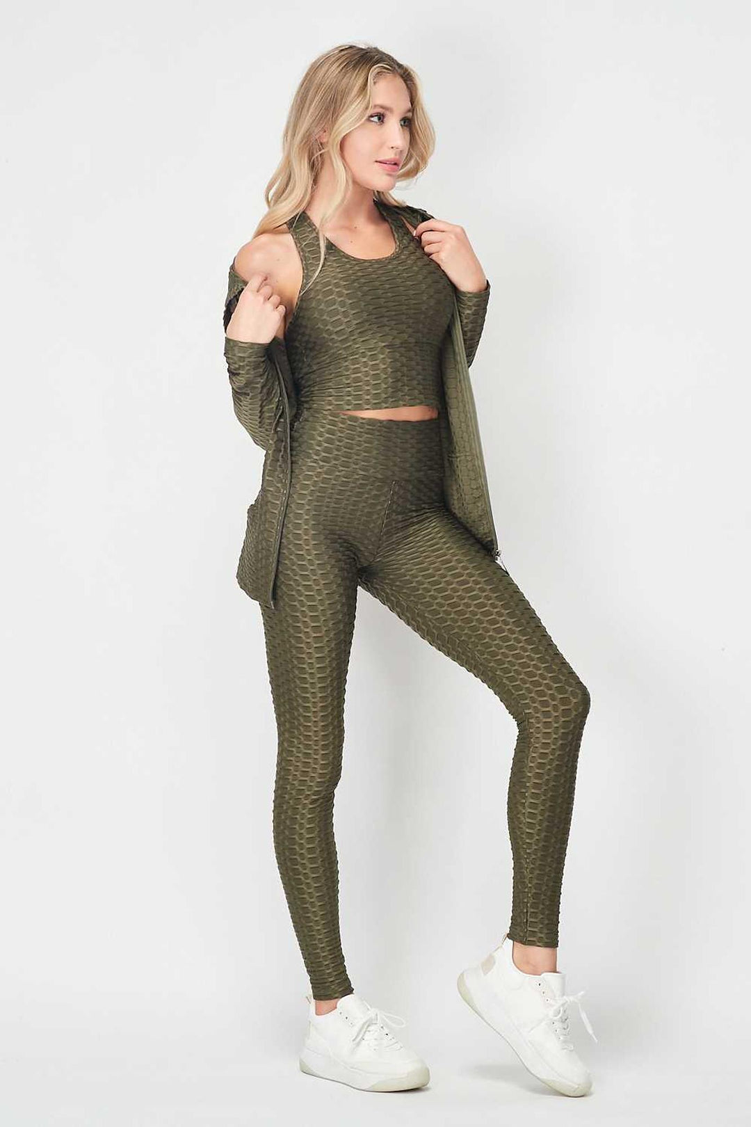 Wholesale 3 Piece Scrunch Butt Leggings Crop Top and Hoodie Set