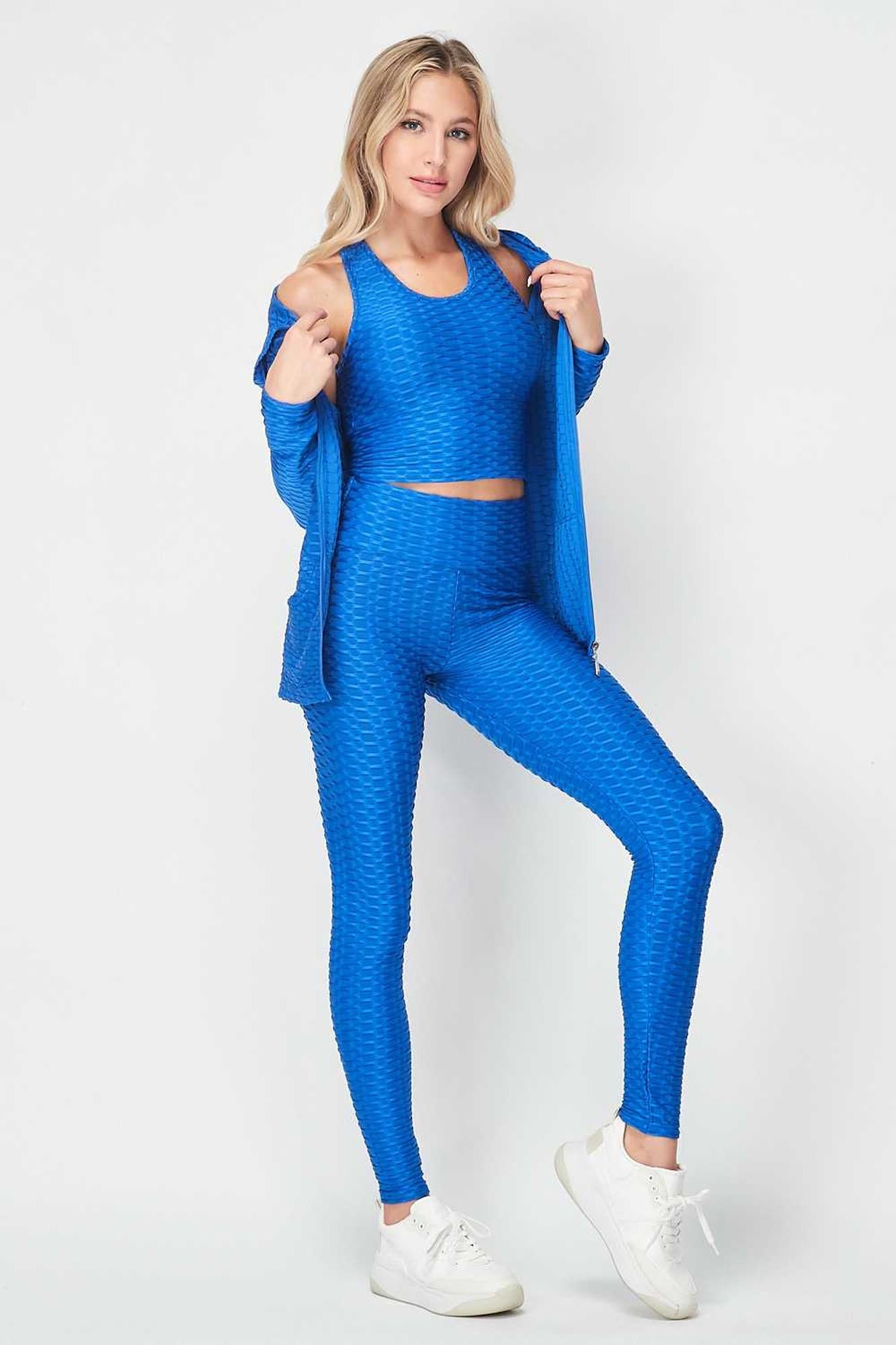 Wholesale 3 Piece Scrunch Butt Leggings Crop Top and Hoodie Set