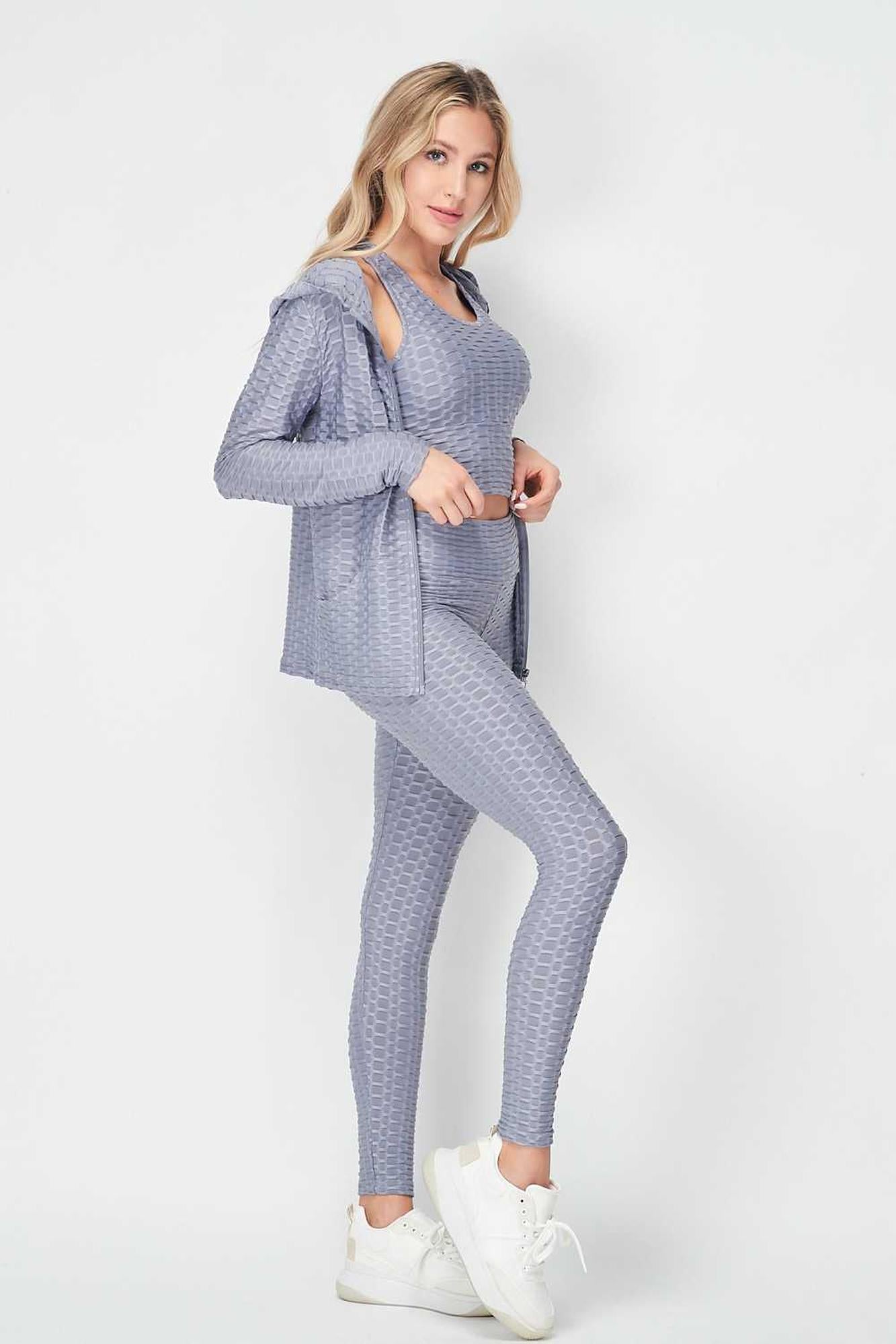 Wholesale 3 Piece Scrunch Butt Leggings Crop Top and Hoodie Set