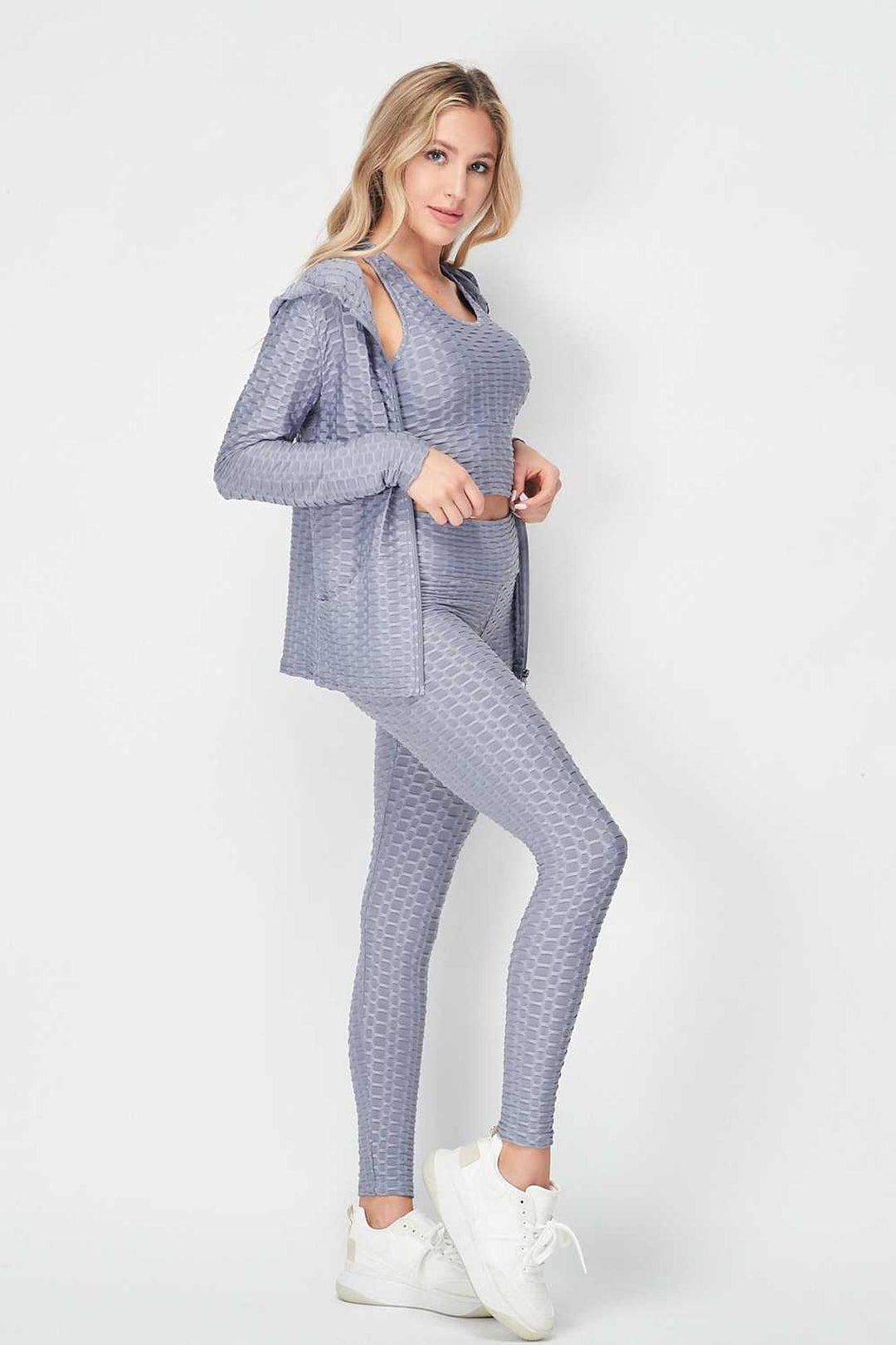 Wholesale 3 Piece Scrunch Butt Leggings Crop Top and Hoodie Set