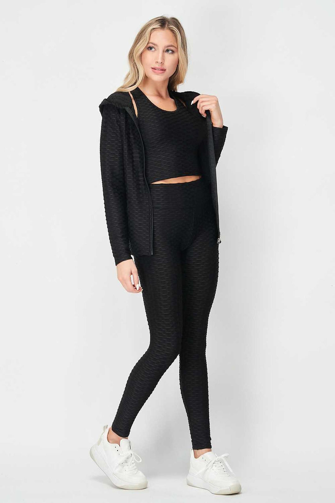 Wholesale 3 Piece Scrunch Butt Leggings Crop Top and Hoodie Set