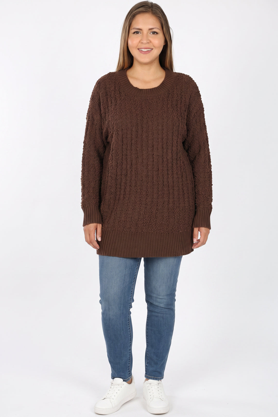 Wholesale Cable Knit Popcorn Round Neck Hi-Low Plus Size Sweater