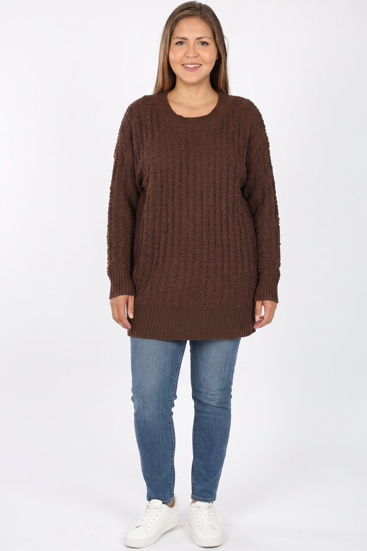 Wholesale Cable Knit Popcorn Round Neck Hi-Low Plus Size Sweater