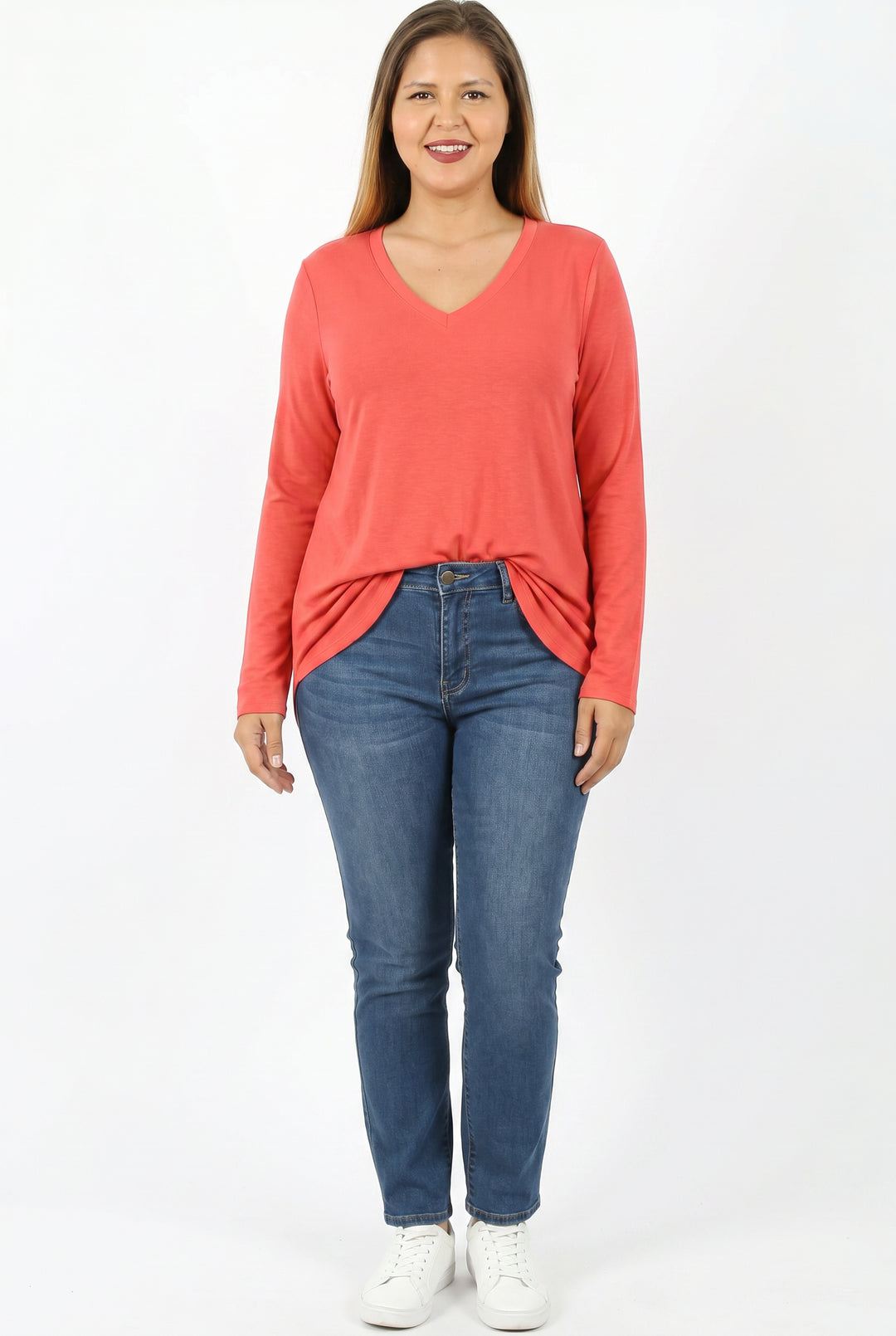Wholesale Premium V-Neck Round Hem Long Sleeve Plus Size Top