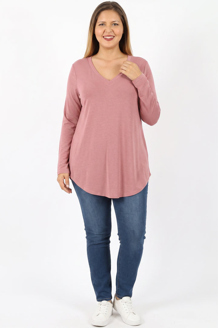 Wholesale Premium V-Neck Round Hem Long Sleeve Plus Size Top
