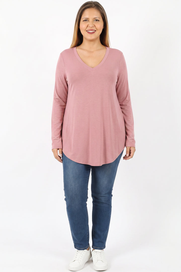Wholesale Premium V-Neck Round Hem Long Sleeve Plus Size Top