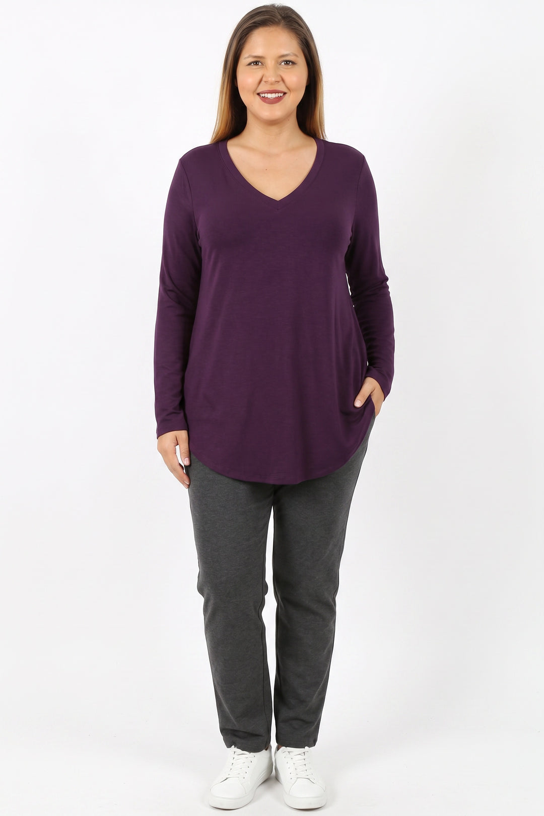 Wholesale Premium V-Neck Round Hem Long Sleeve Plus Size Top