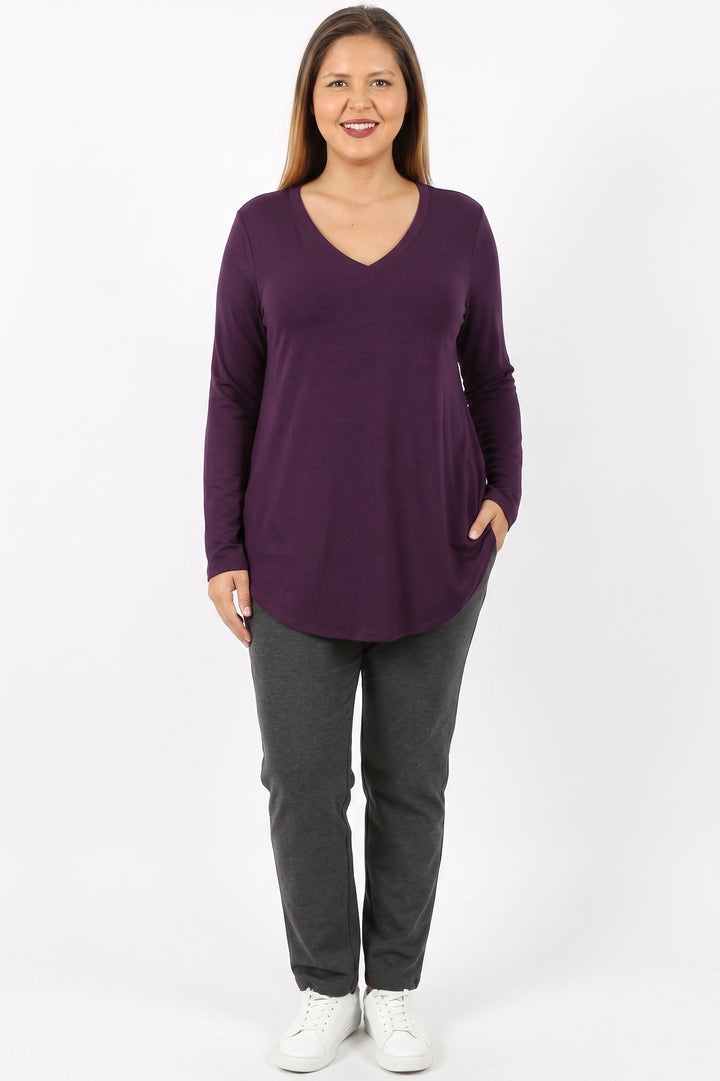 Wholesale Premium V-Neck Round Hem Long Sleeve Plus Size Top