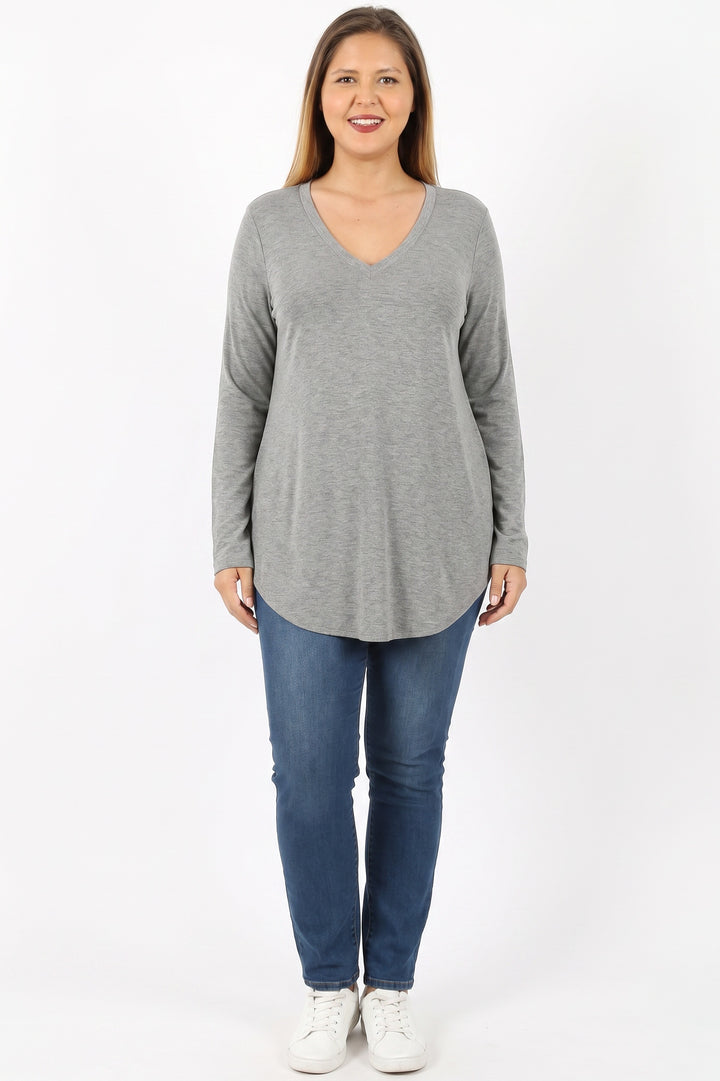 Wholesale Premium V-Neck Round Hem Long Sleeve Plus Size Top