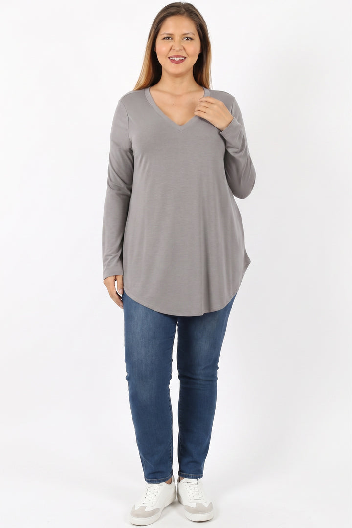 Wholesale Premium V-Neck Round Hem Long Sleeve Plus Size Top