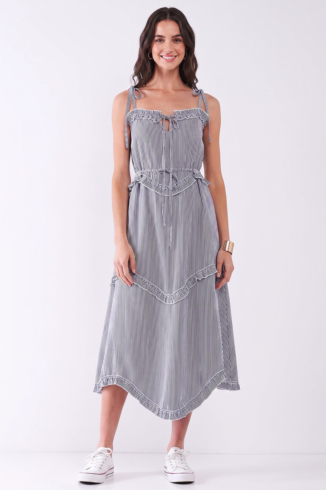 Wholesale Ruffle Accent Striped Tie String Wavy Hem Rayon Midi Dress