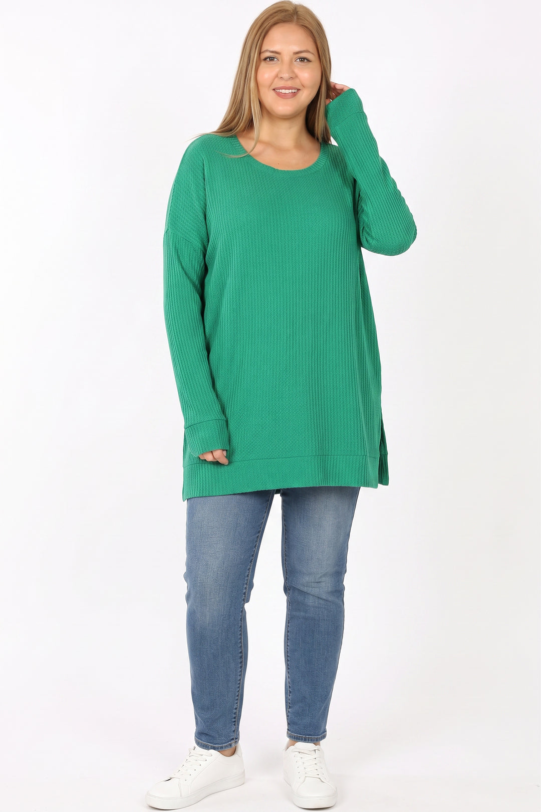 Wholesale Brushed Thermal Waffle Knit Round Neck Plus Size Top
