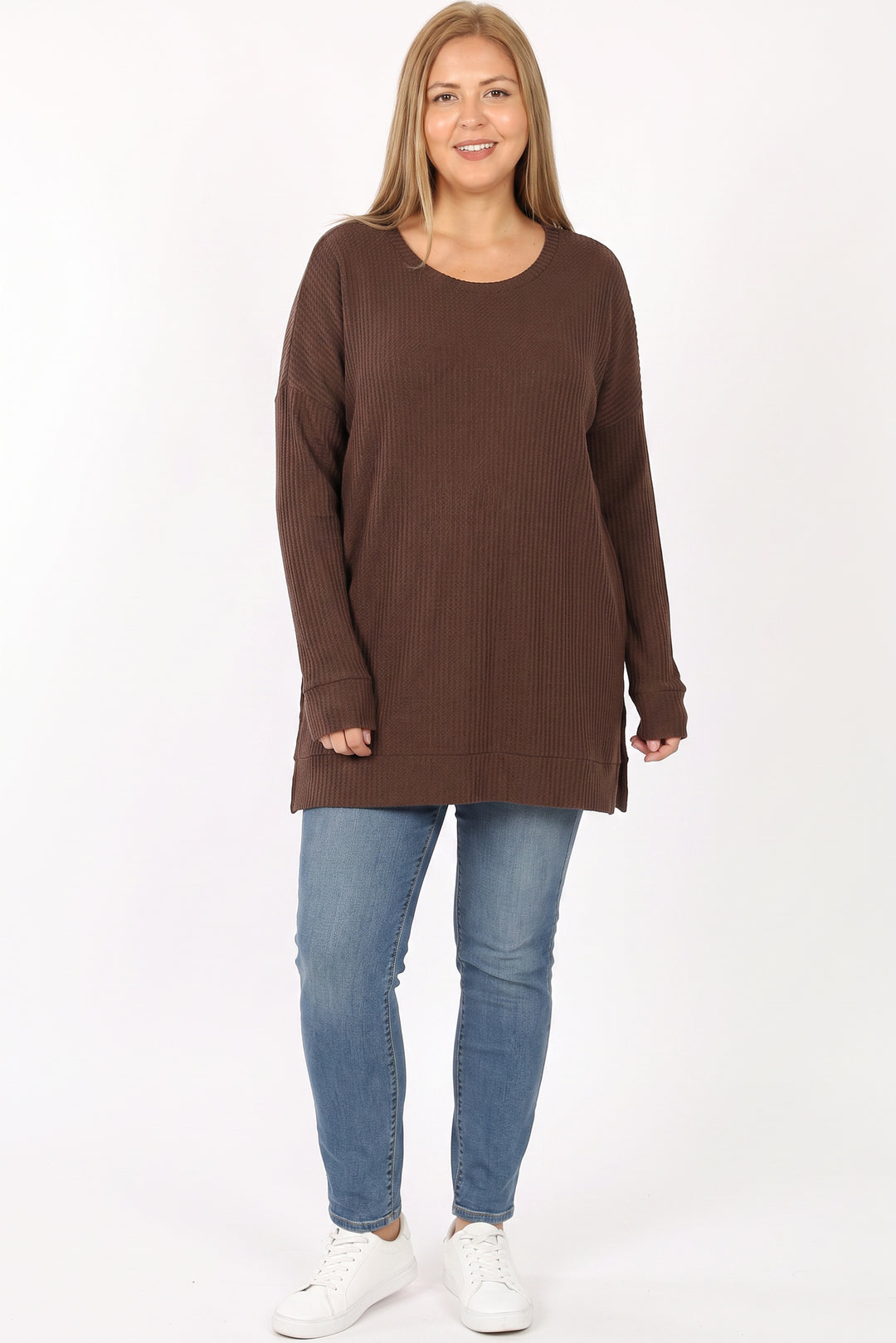 Wholesale Brushed Thermal Waffle Knit Round Neck Plus Size Top