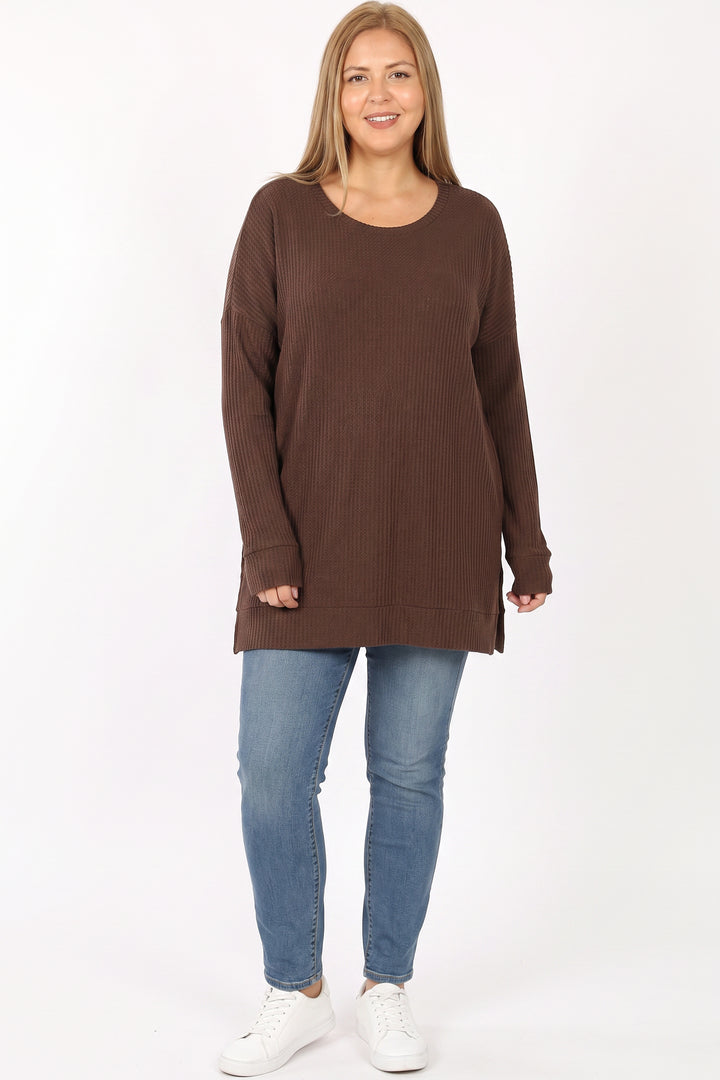 Wholesale Brushed Thermal Waffle Knit Round Neck Plus Size Top
