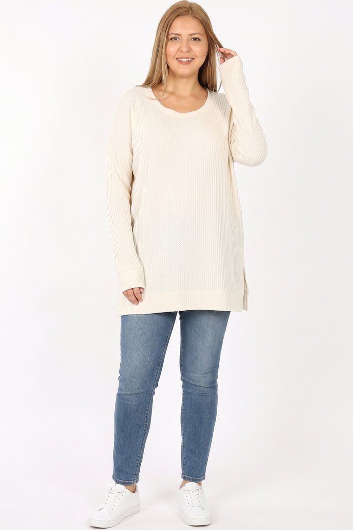 Wholesale Brushed Thermal Waffle Knit Round Neck Plus Size Top