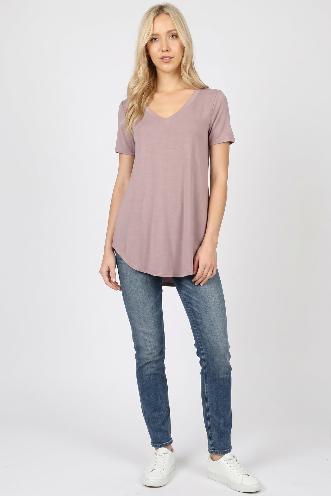 Wholesale Premium Short Sleeve V-Neck Round Hem Top
