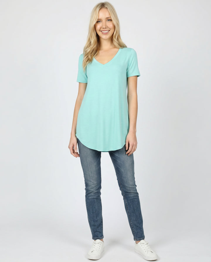 Wholesale Premium Short Sleeve V-Neck Round Hem Top