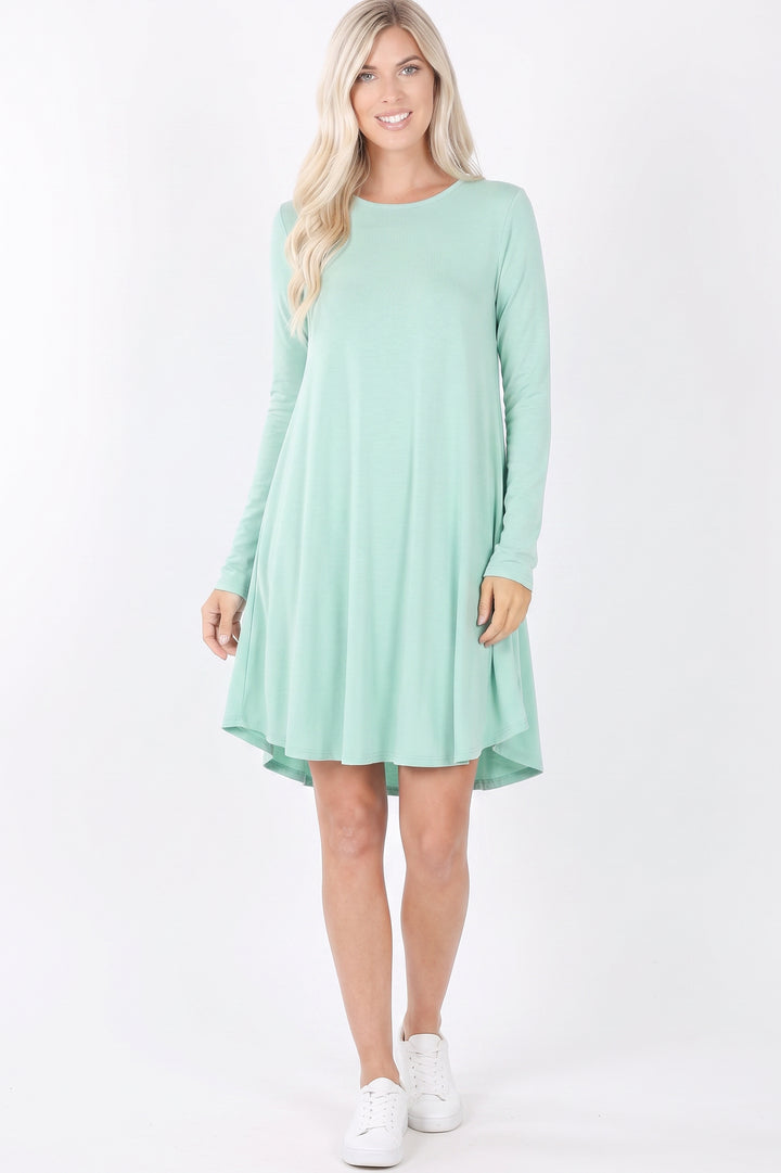 Wholesale Premium Long Sleeve A-Line Round Hem Rayon Tunic with Pockets